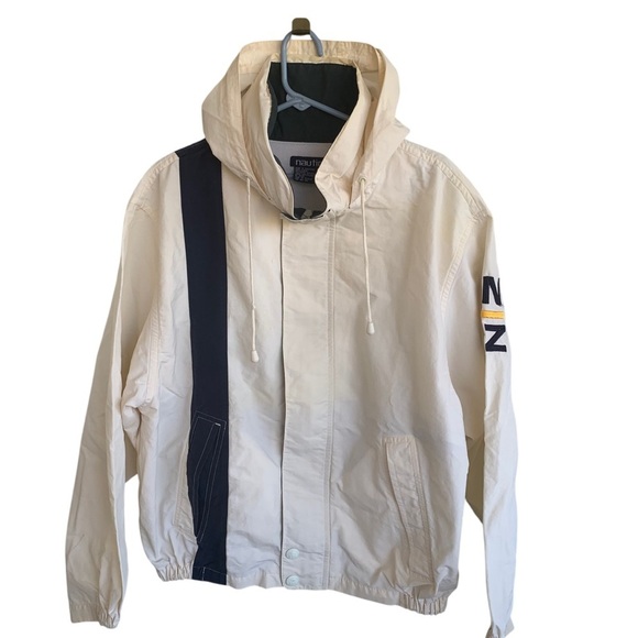 Vintage Nautica Jacket with Hood 90s Blue Stripe Size Large - Picture 1 of 9